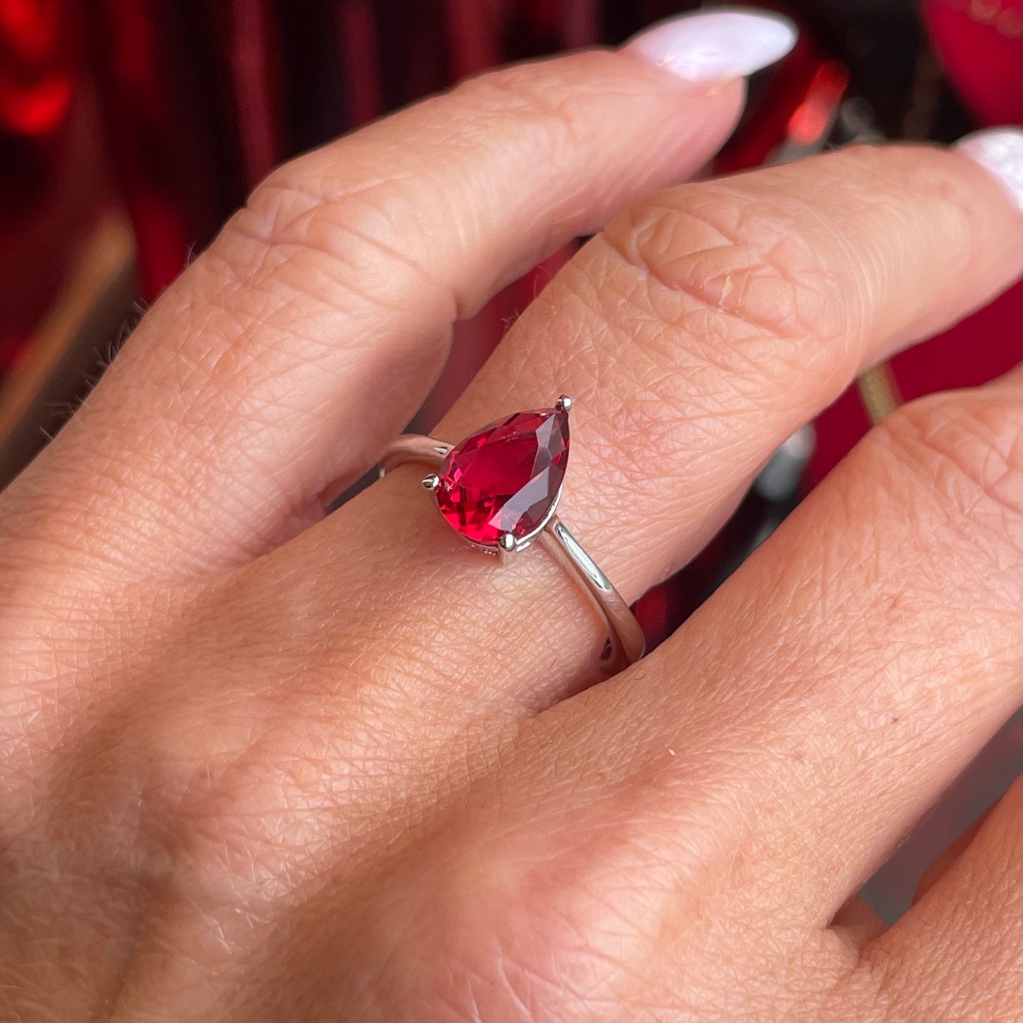 Silver Pear Solitaire Ring | Ruby Red