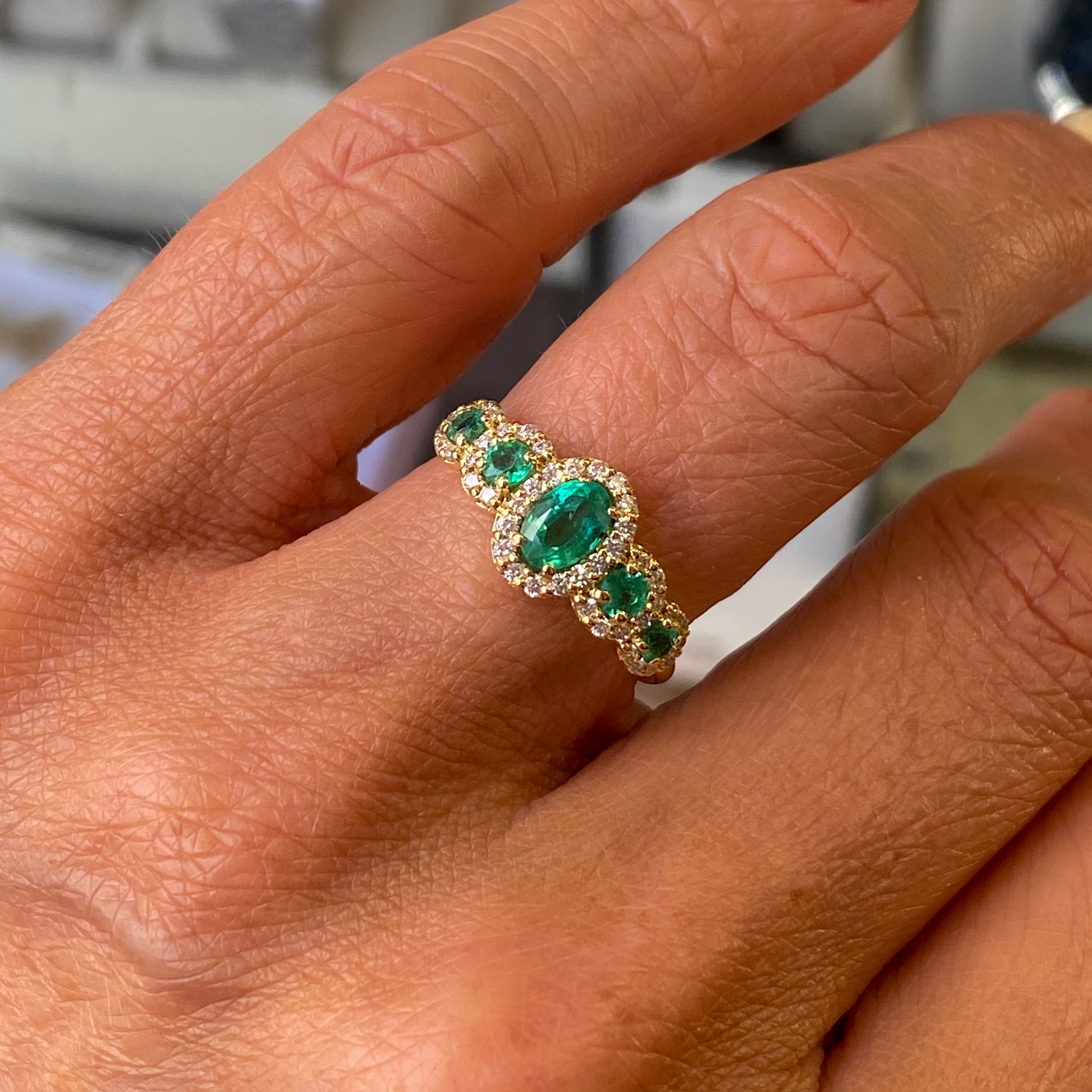 18ct Gold Emerald & Diamond Garland Ring - John Ross Jewellers