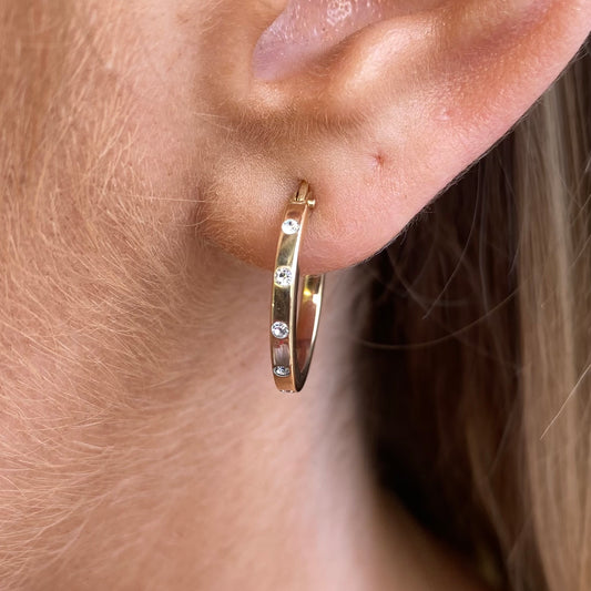 9ct Gold CZ Studded Hoop Earrings | 19mm