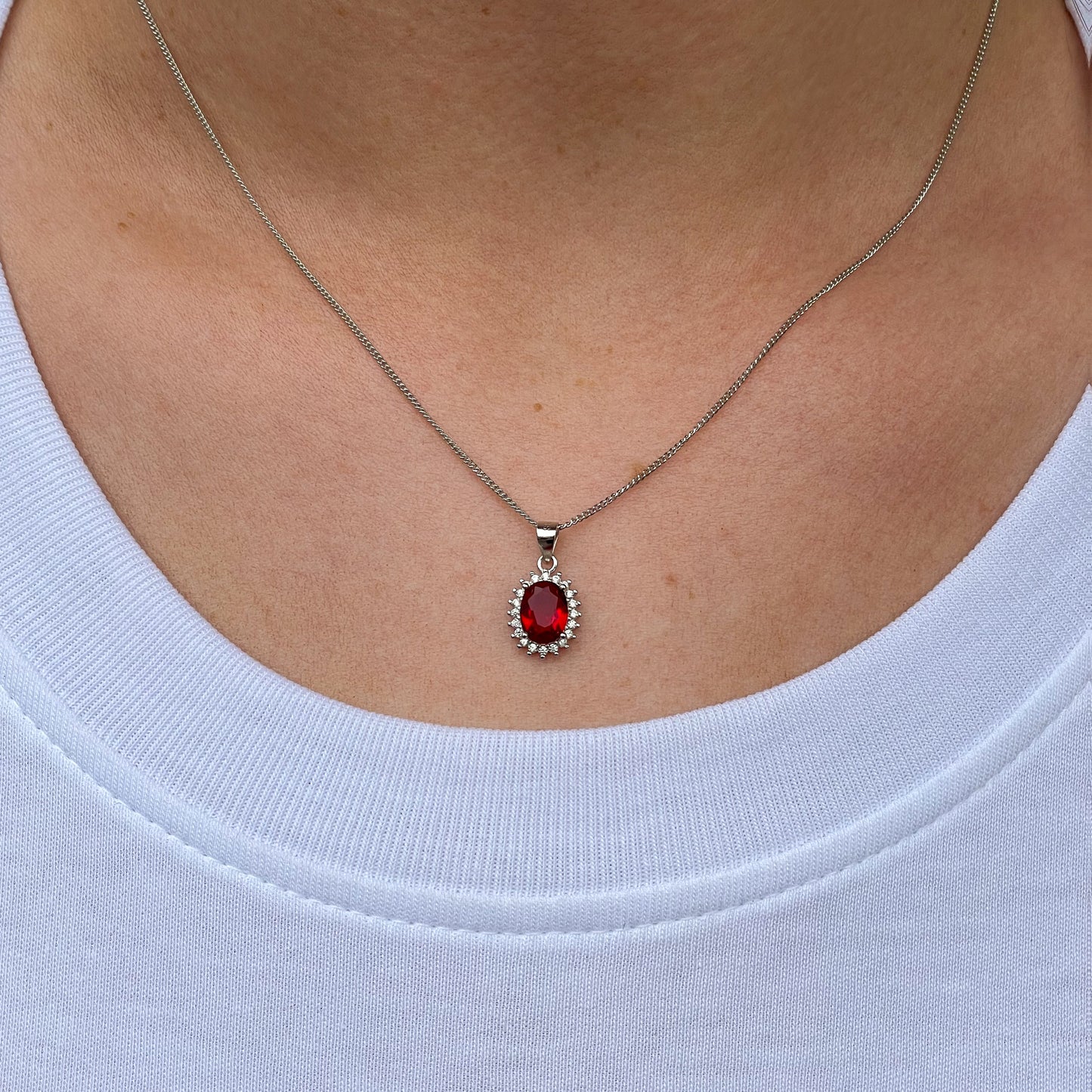 Silver CZ Oval Halo Earring & Necklace Set | Ruby Red