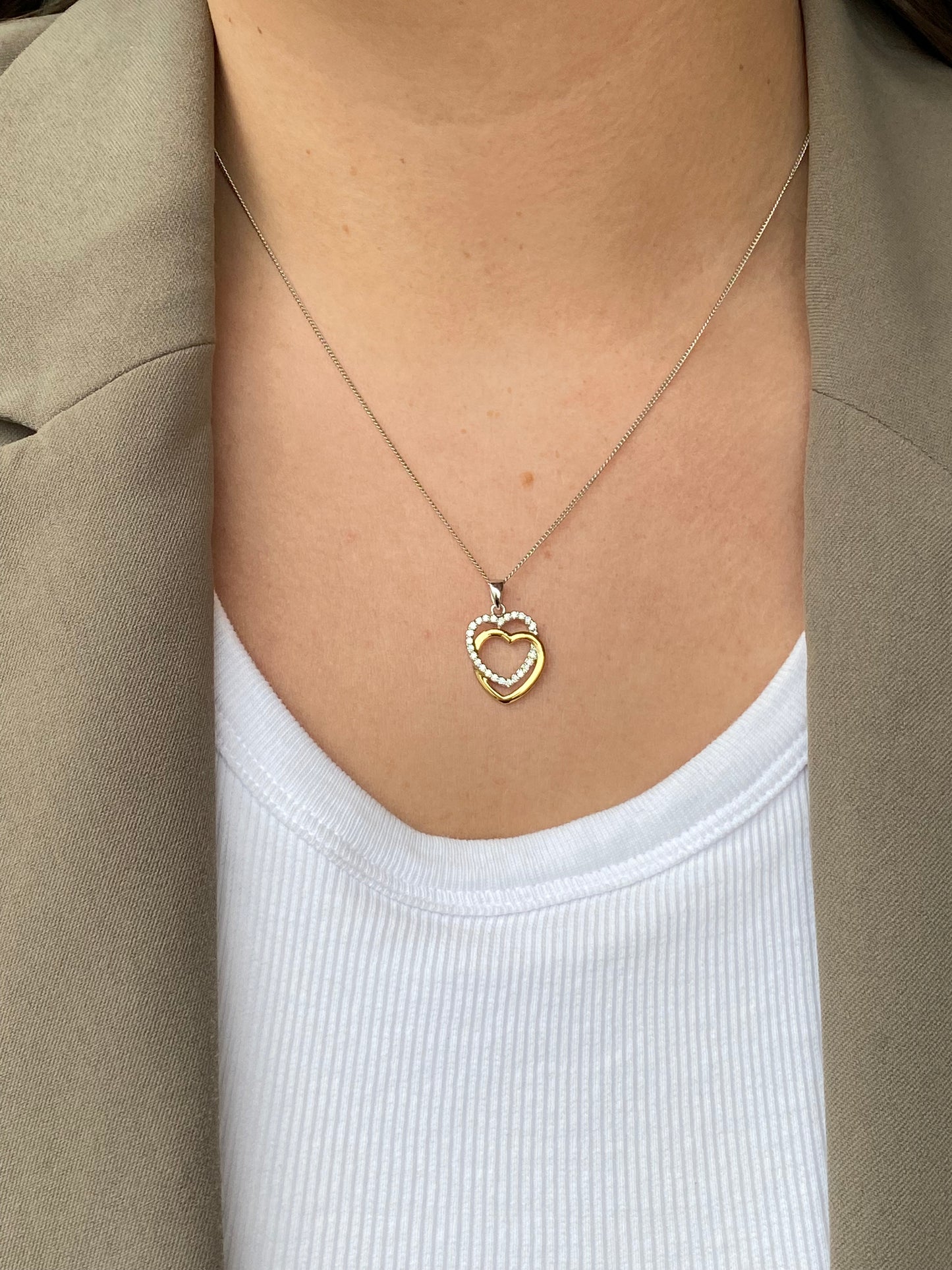 Silver Two Tone CZ Heart Unity Necklace - John Ross Jewellers