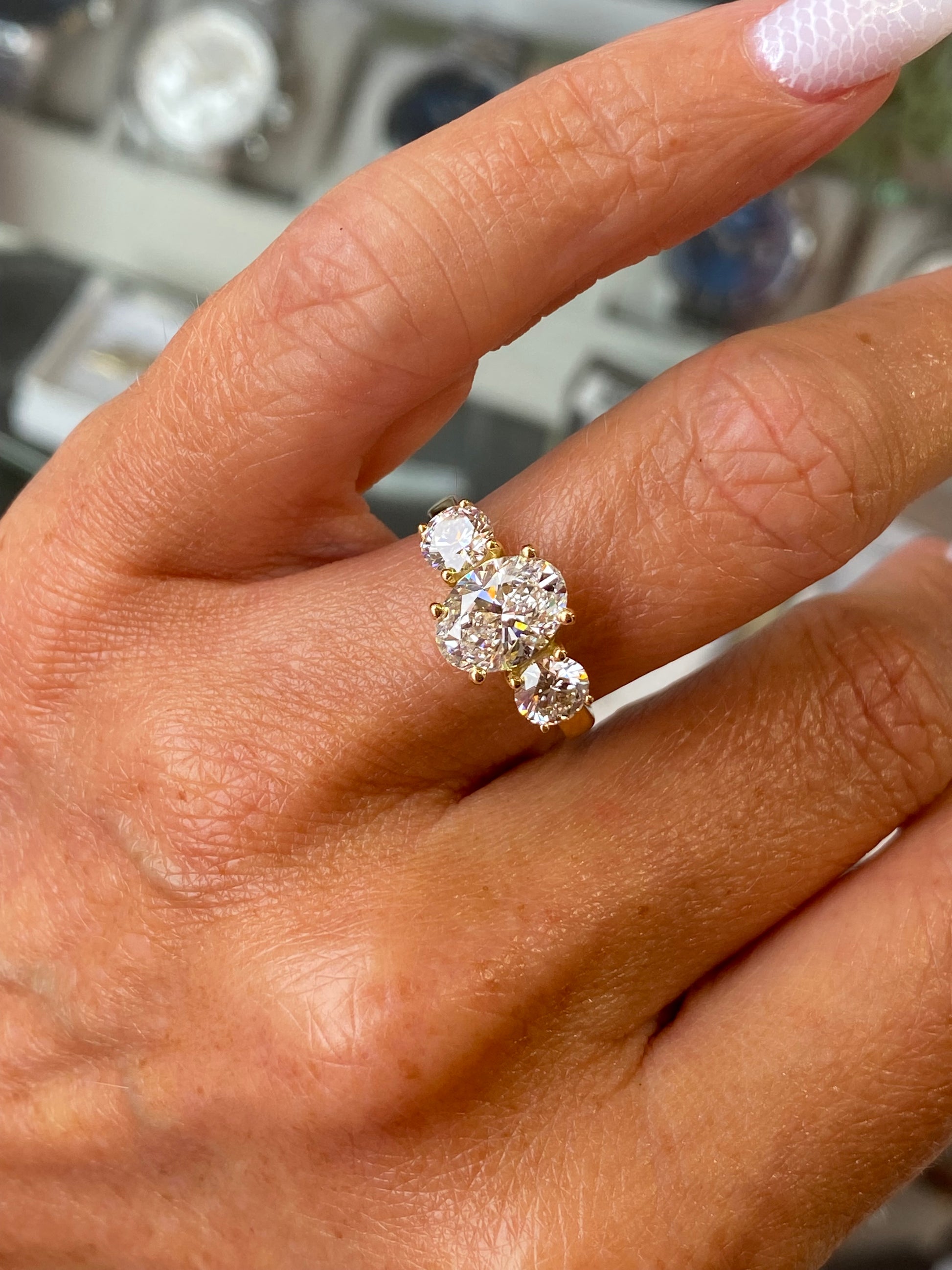 18ct All Gold Trilogy Engagement Ring | Certificated Oval Lab - John Ross Jewellers