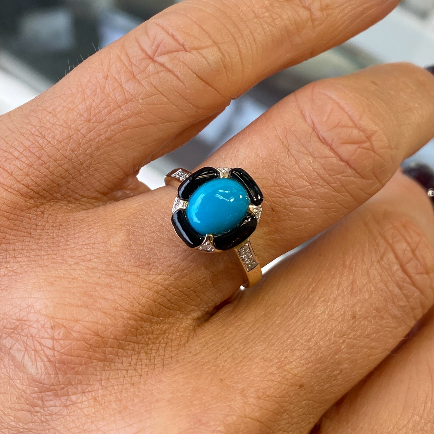 9ct Yellow Gold Turquoise, Onyx & Diamond Ring