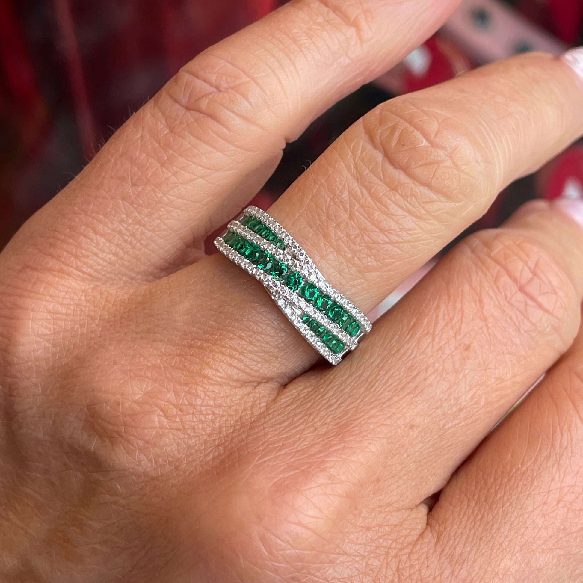 Silver CZ Crossover Band Ring | Emerald Green - John Ross Jewellers