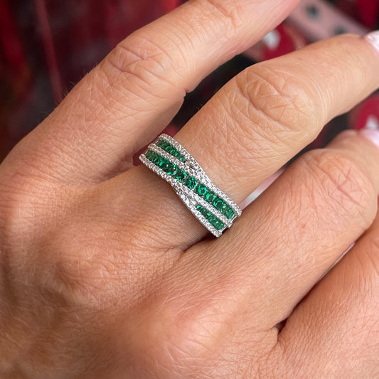 Silver CZ Crossover Band Ring | Emerald Green - John Ross Jewellers