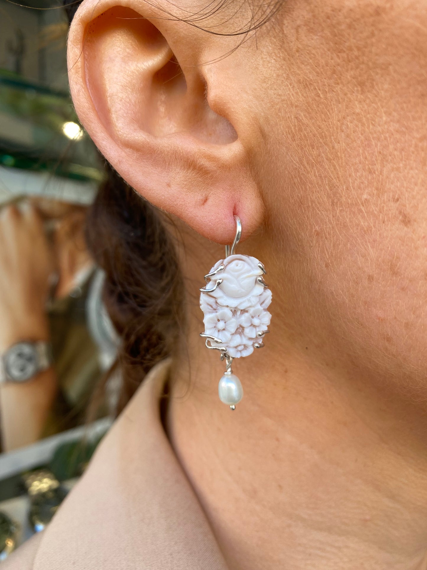 Floral Cameo & Pearl Drop Earrings - Small