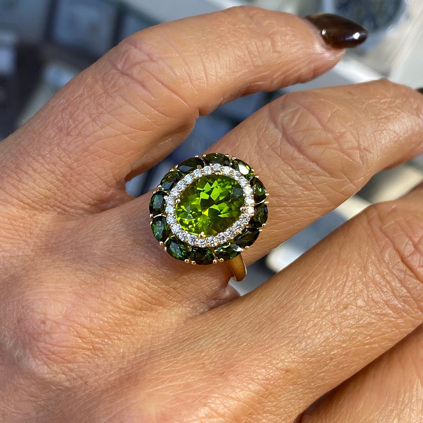 18ct Gold Peridot, Green Tourmaline & Diamond Ring - John Ross Jewellers