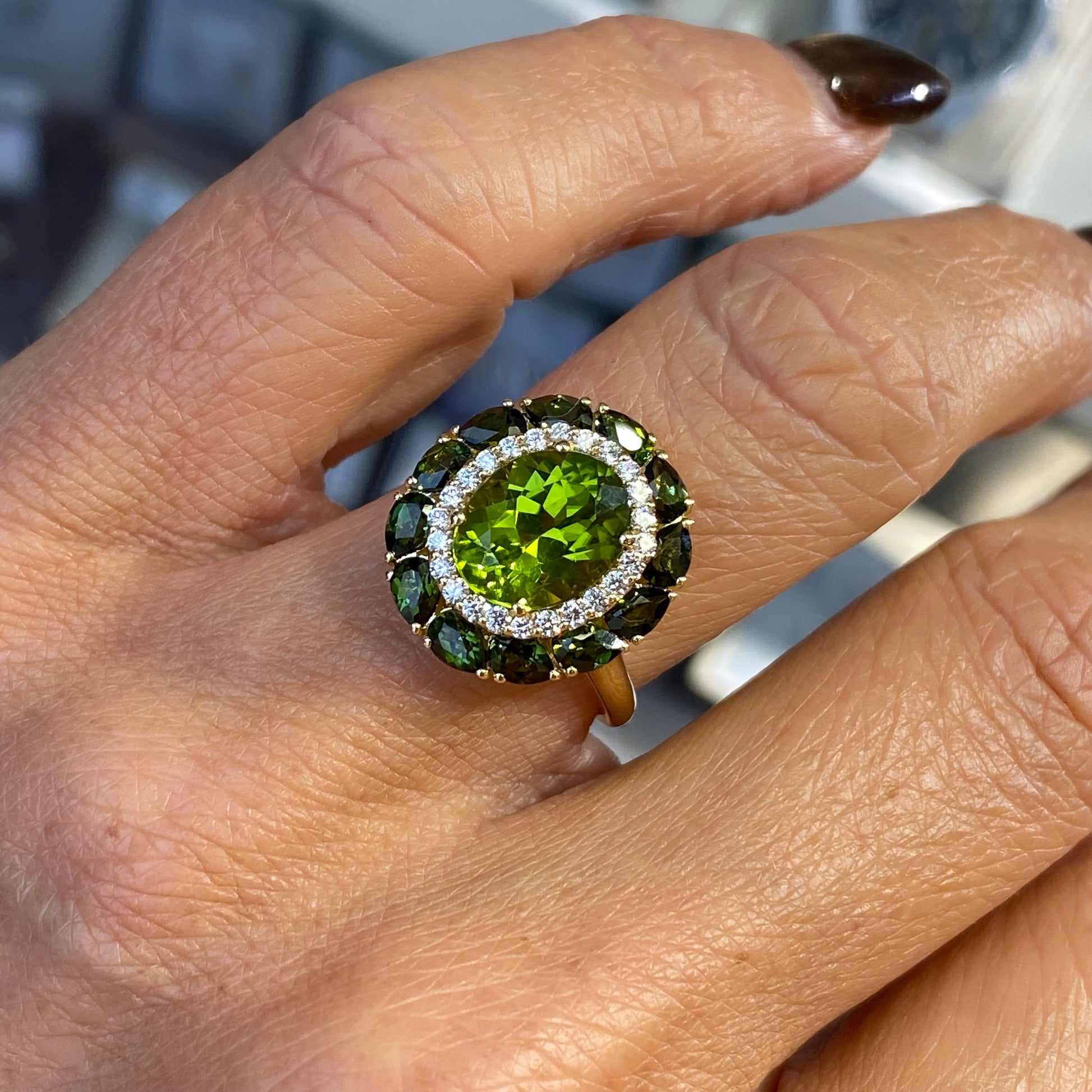 18ct Gold Peridot, Green Tourmaline & Diamond Ring - John Ross Jewellers
