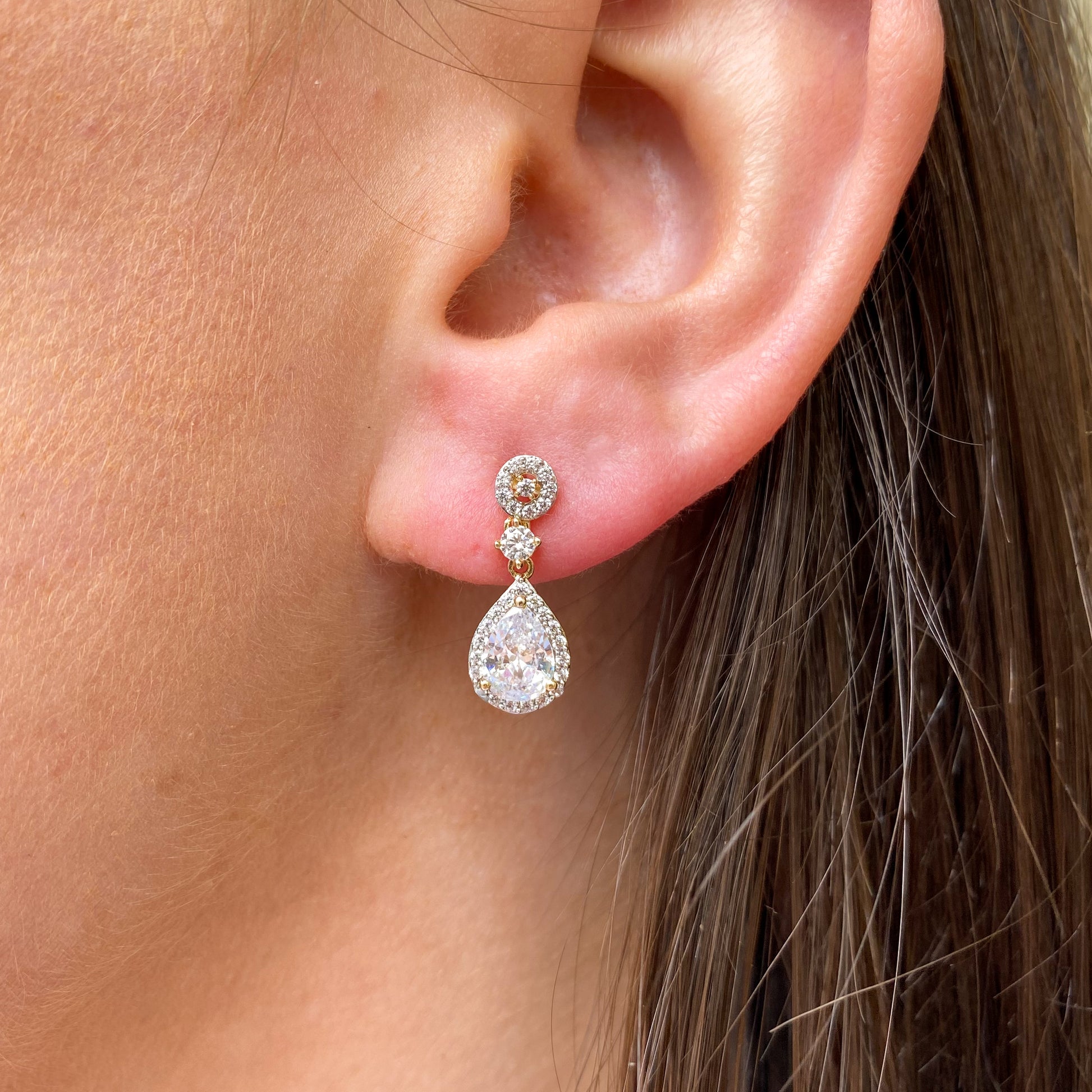 9ct Gold Pear Halo CZ Drop Earrings - John Ross Jewellers