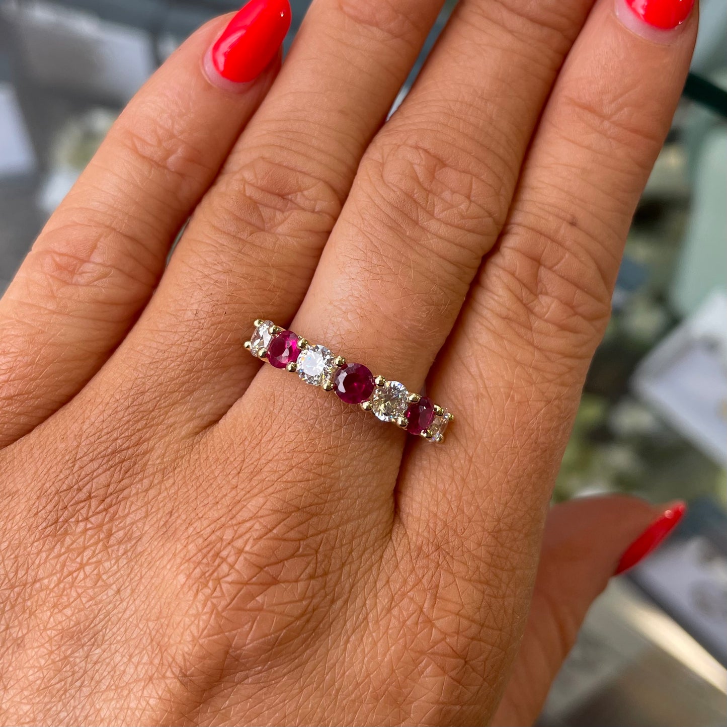 9ct Gold Red & White CZ Seven Stone Eternity Ring