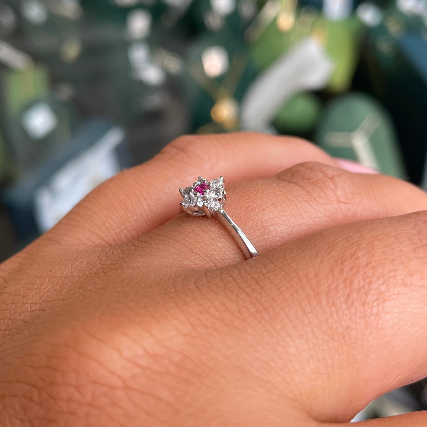 Silver Pretty CZ Flower Ring | Ruby Red