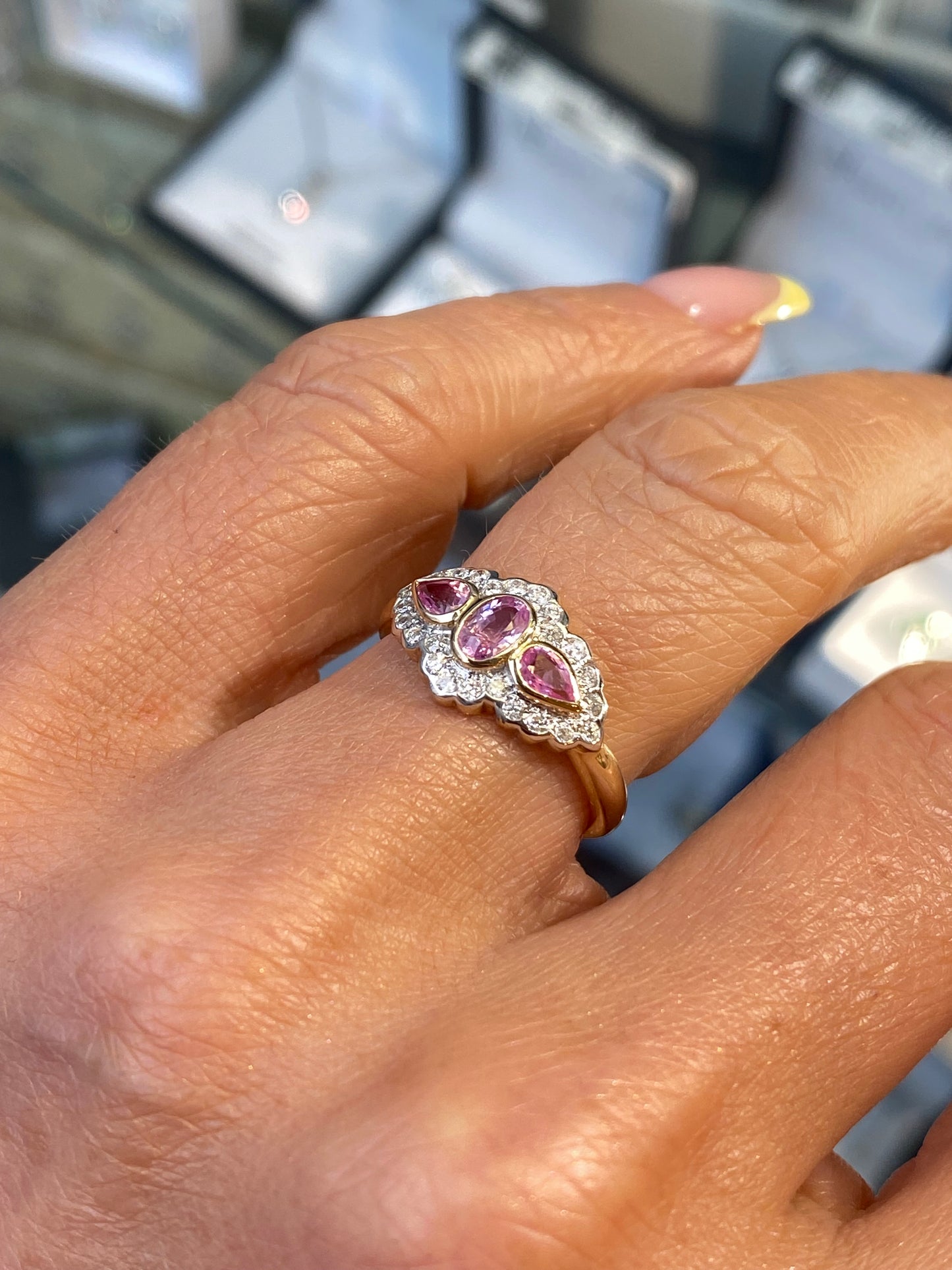 9ct Gold Pink Sapphire & Diamond Trilogy Ring - John Ross Jewellers