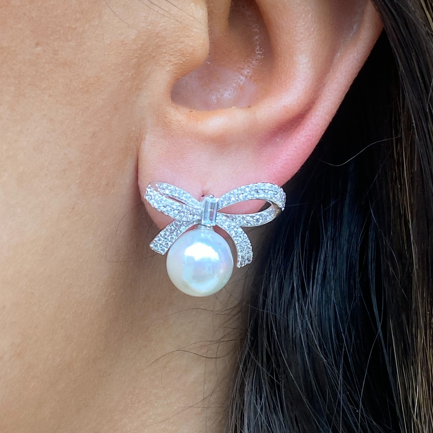 Silver Pearl & CZ Bow Stud Earrings - John Ross Jewellers