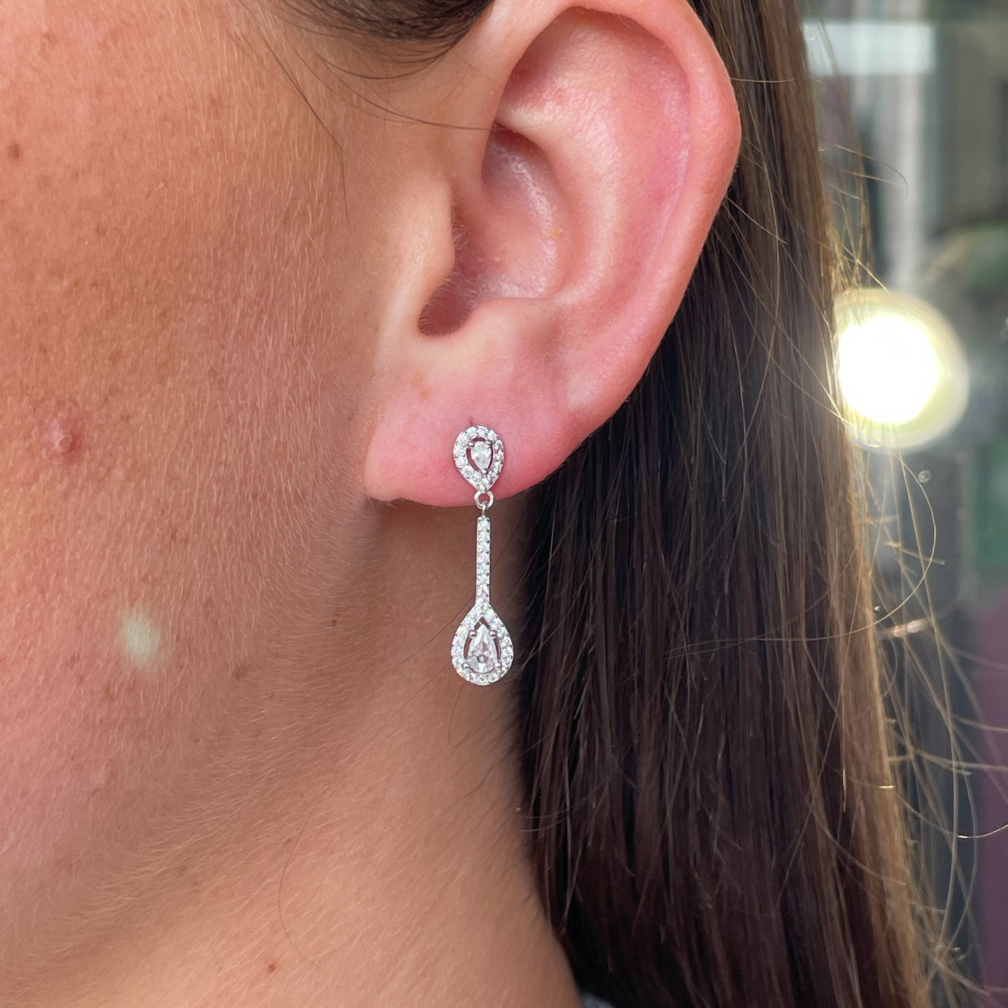 Silver CZ Pear Halo Drop Earrings - John Ross Jewellers