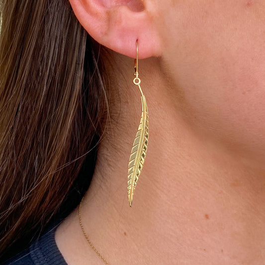 9ct Gold Leaf Long Drop Earrings
