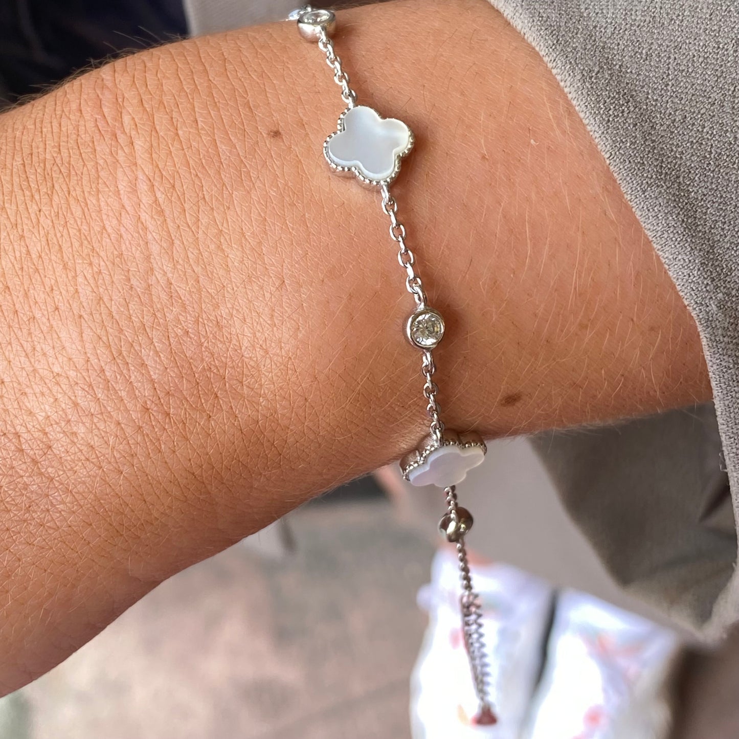 Silver CZ Bracelet | Mother of Pearl Quatrefoil