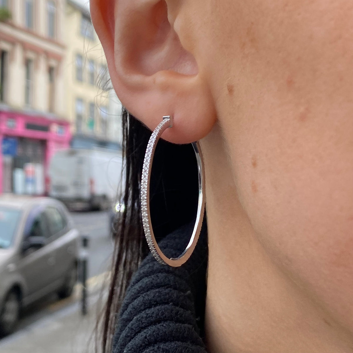 Silver Skinny CZ Hoop Earrings
