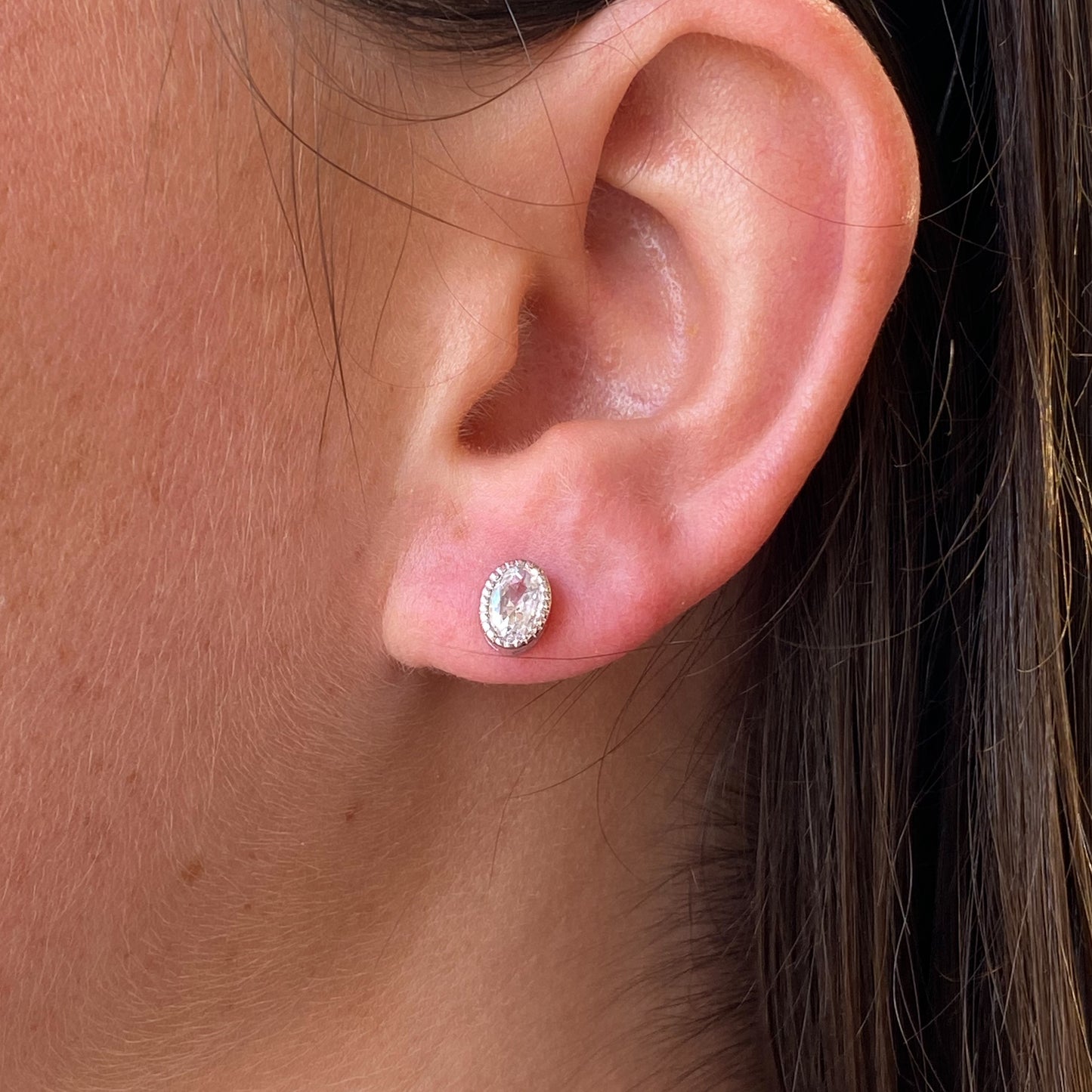 Silver Oval CZ Millgrain Stud Earrings - John Ross Jewellers