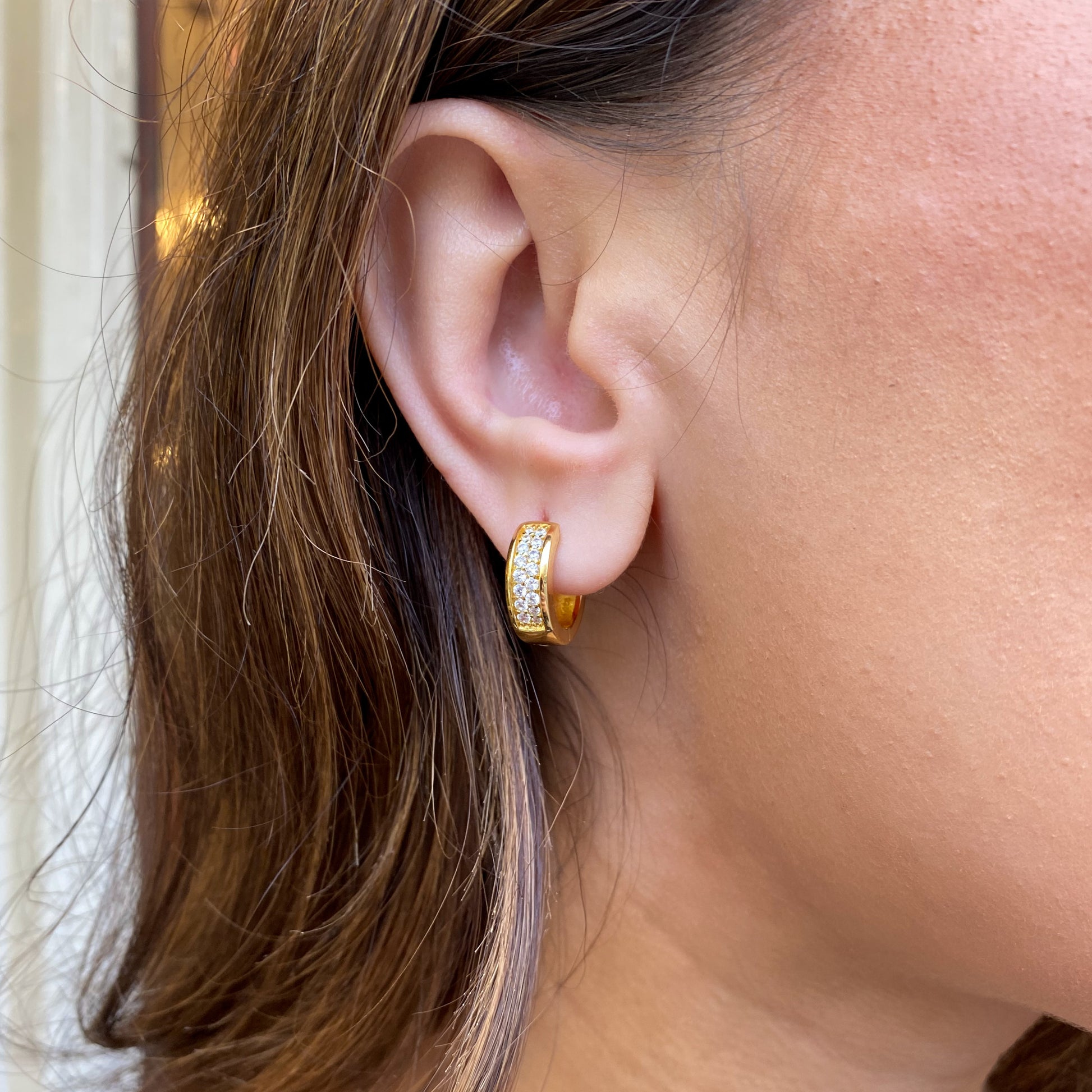 Glitz Double CZ Huggie Hoop Earrings - Gold 15mm - John Ross Jewellers