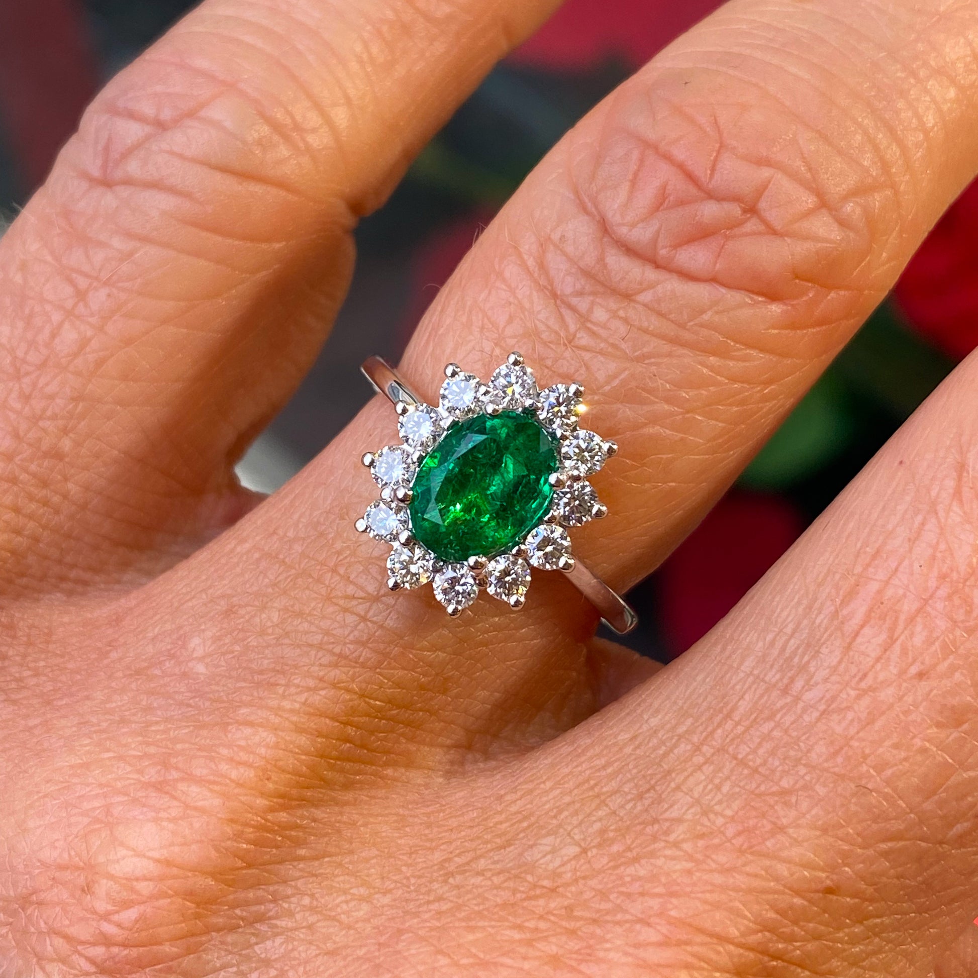 Platinum Emerald & Diamond Oval Cluster Ring | 1.28ct + 0.51ct - John Ross Jewellers