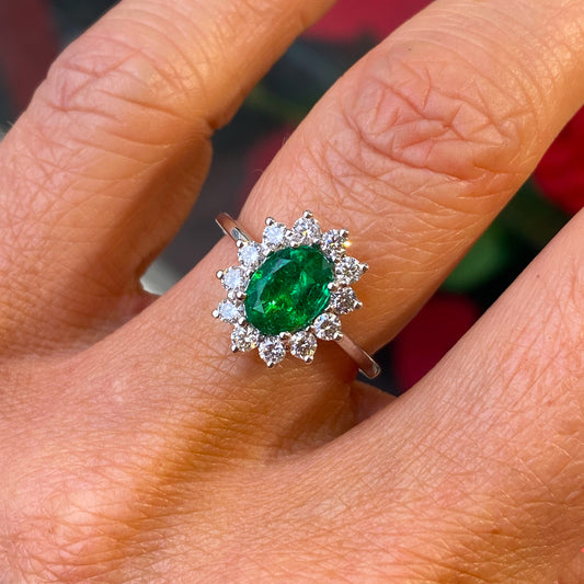 Platinum Emerald & Diamond Oval Cluster Ring | 1.28ct + 0.51ct - John Ross Jewellers