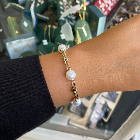 9ct Gold Cultured Freshwater Pearl Fancy Link Bracelet