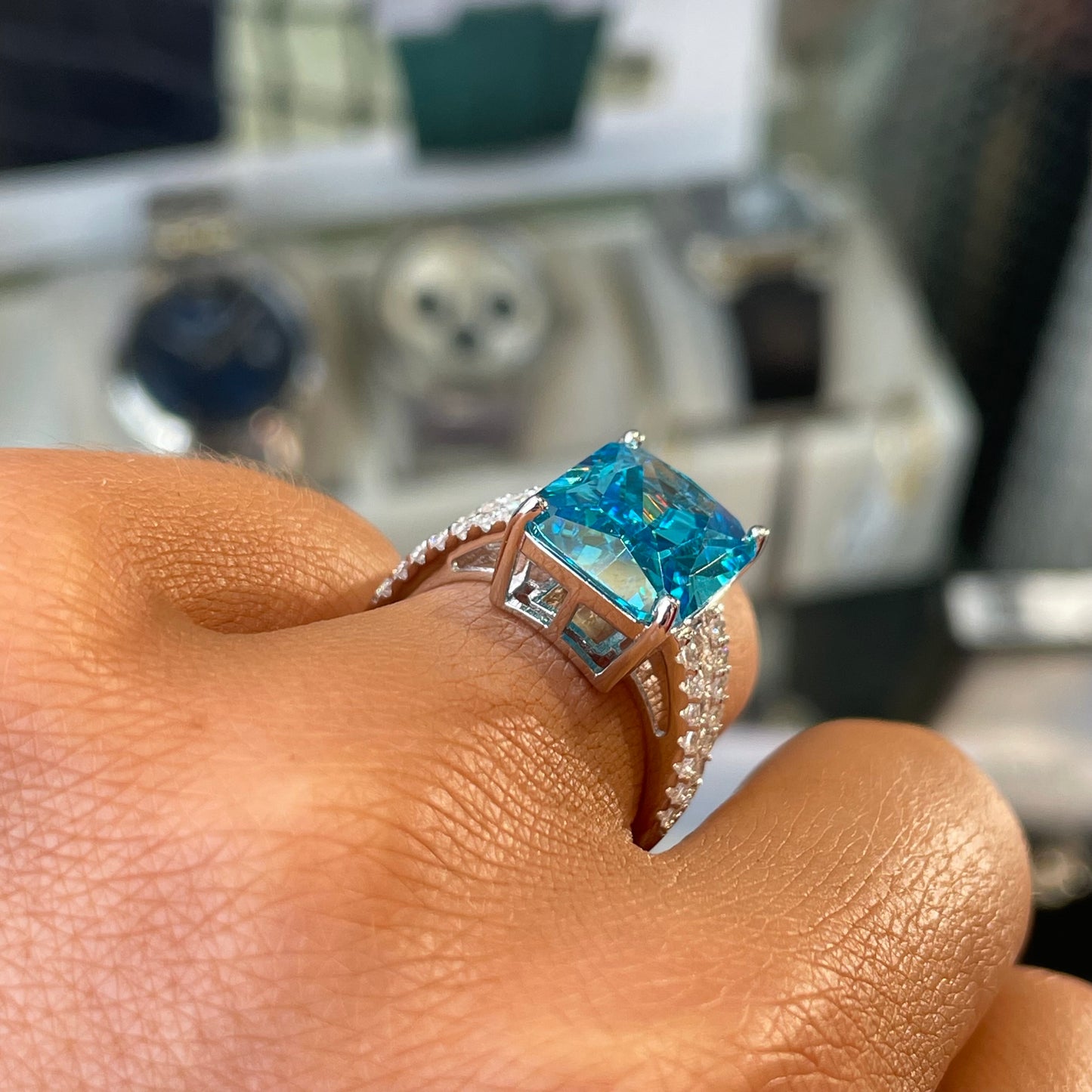Silver Aqua Solitaire Ring - John Ross Jewellers