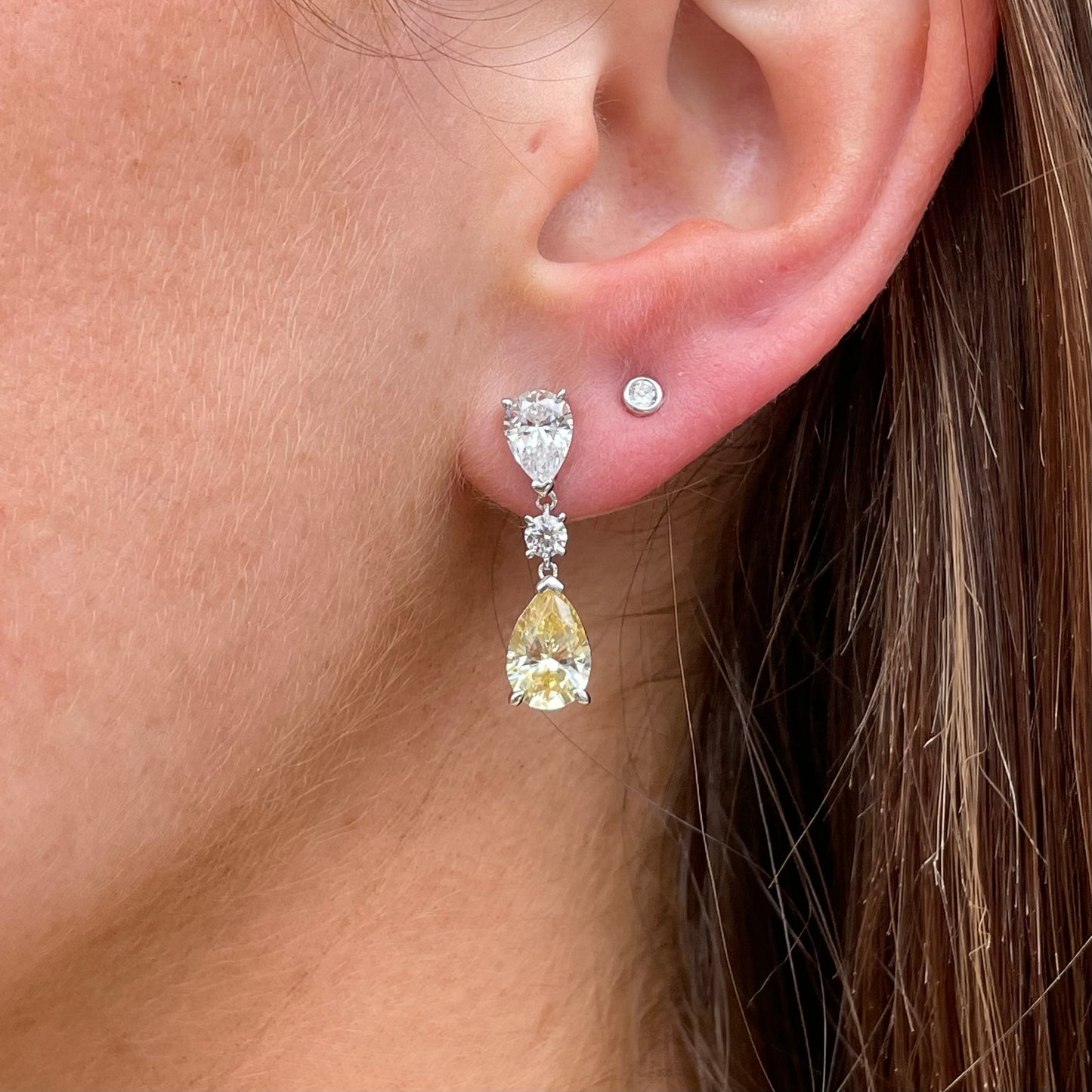 Silver Round & Pear CZ Drop Earrings | Lemon