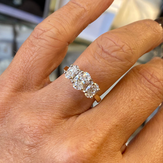 18ct Gold Oval Trilogy Engagement Ring | Certificated Lab 2.12ct - John Ross Jewellers