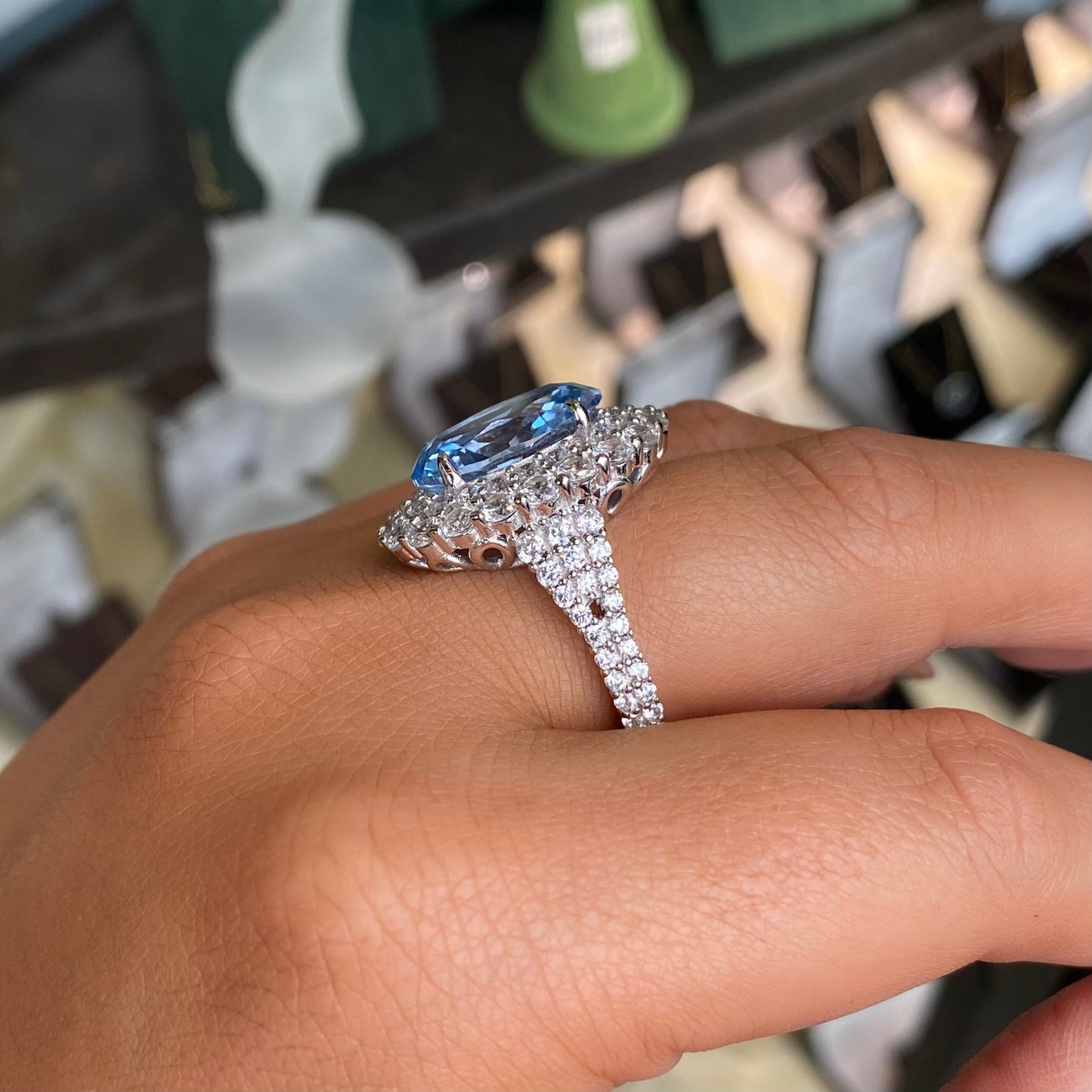 Silver Oval Cut Statement Ring | Aqua Blue