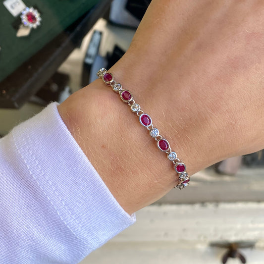 Silver CZ Ovals Line Bracelet | Ruby Red