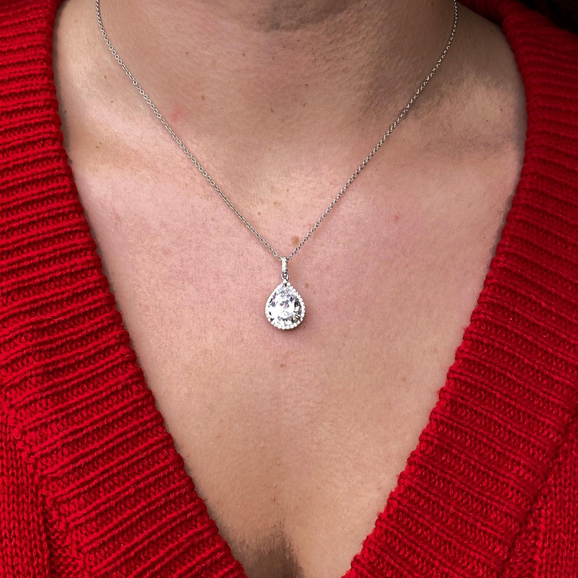 Silver CZ Pear Halo Necklace - John Ross Jewellers