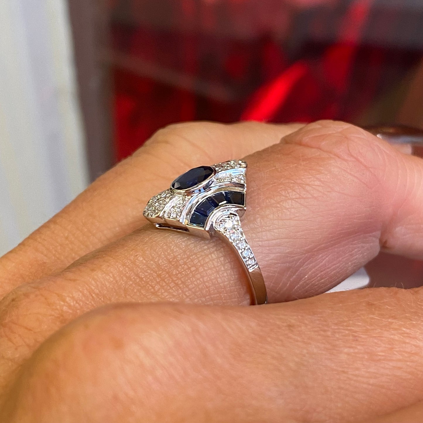 18ct White Gold Sapphire & Diamond Deco Ring - John Ross Jewellers