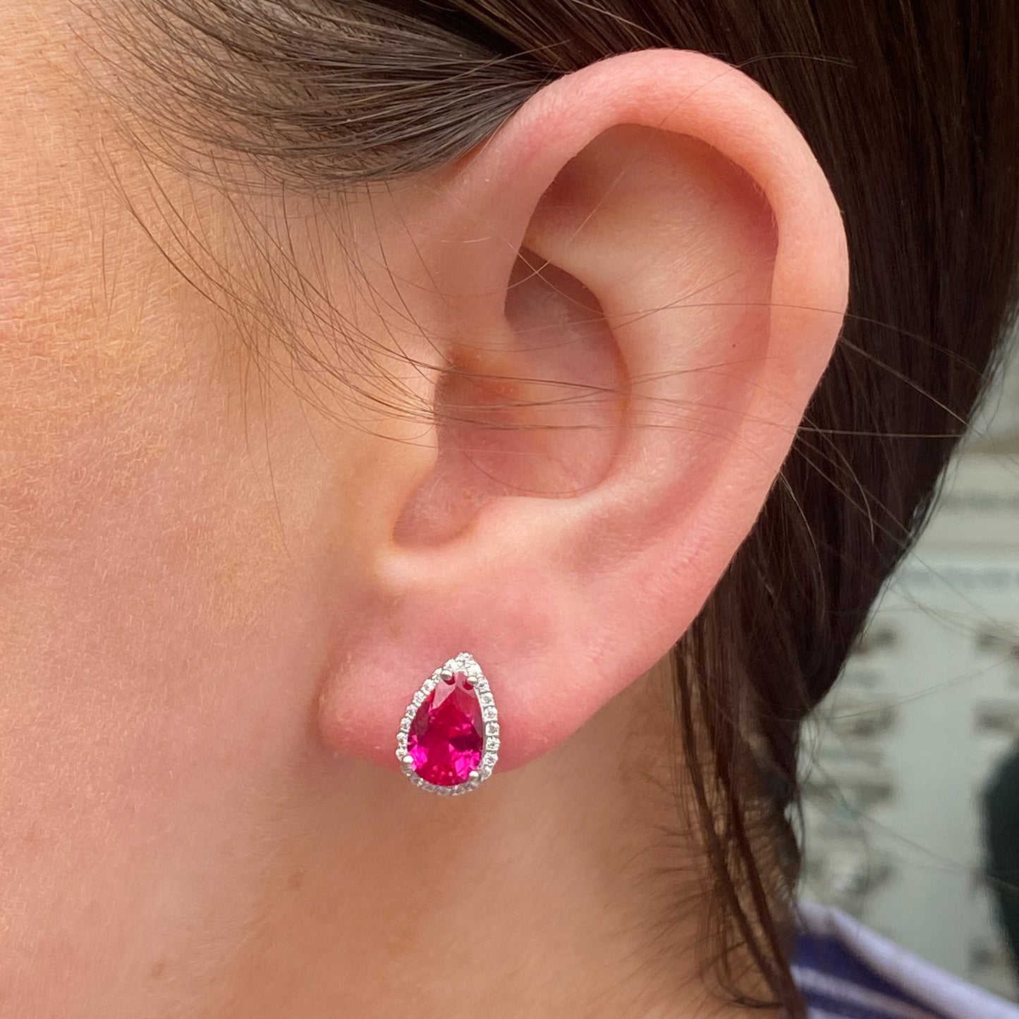 Silver Created Ruby & CZ Pear Stud Earrings - John Ross Jewellers