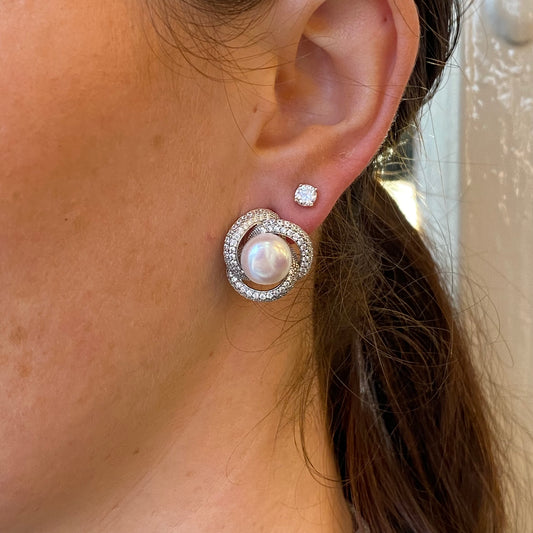 Silver 10mm Freshwater Pearl & CZ Swirl Stud Earrings - John Ross Jewellers
