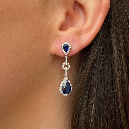Silver CZ Statement Drop Earrings | Sapphire Blue