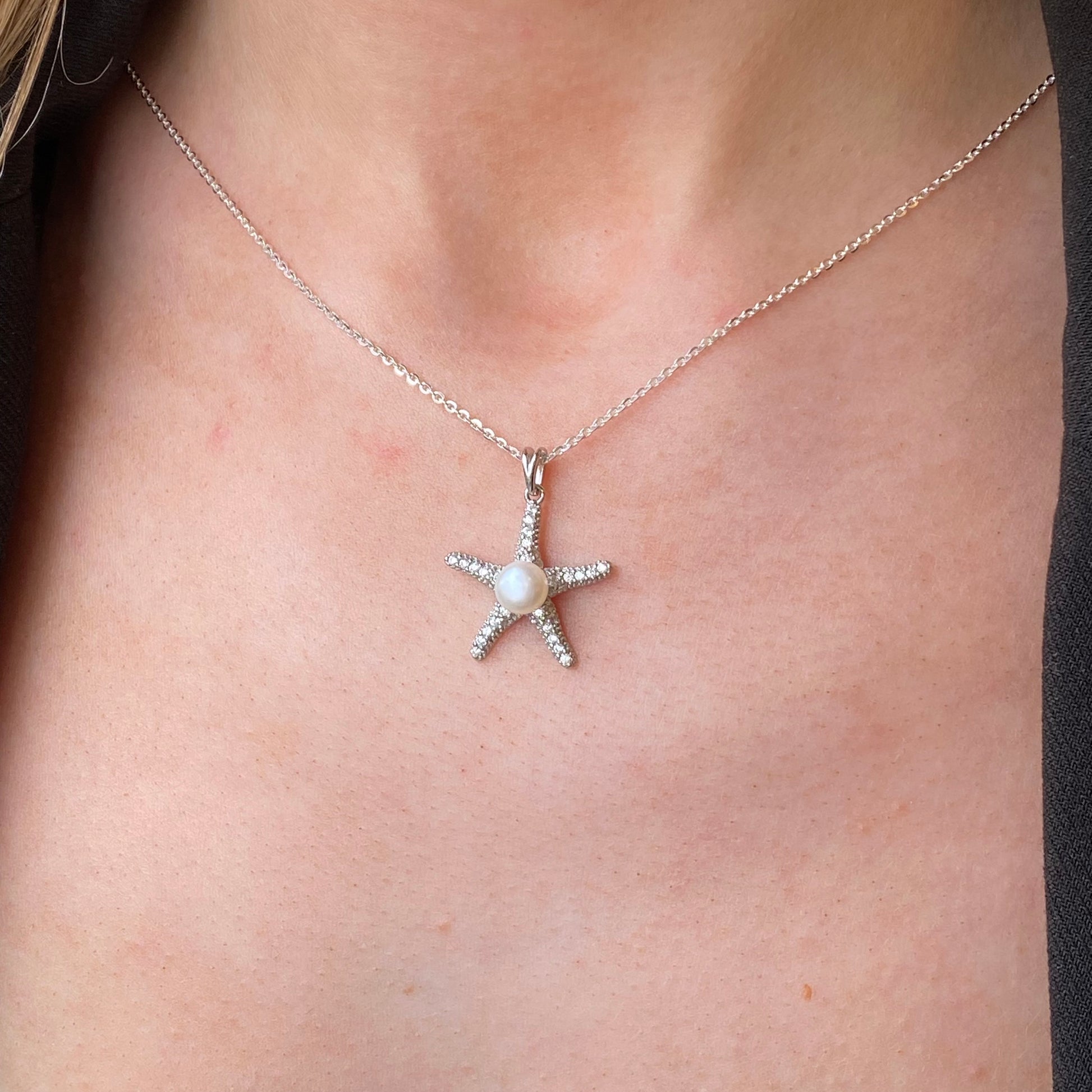 Silver 6mm Freshwater Pearl & CZ Starfish Necklace | 18" - John Ross Jewellers
