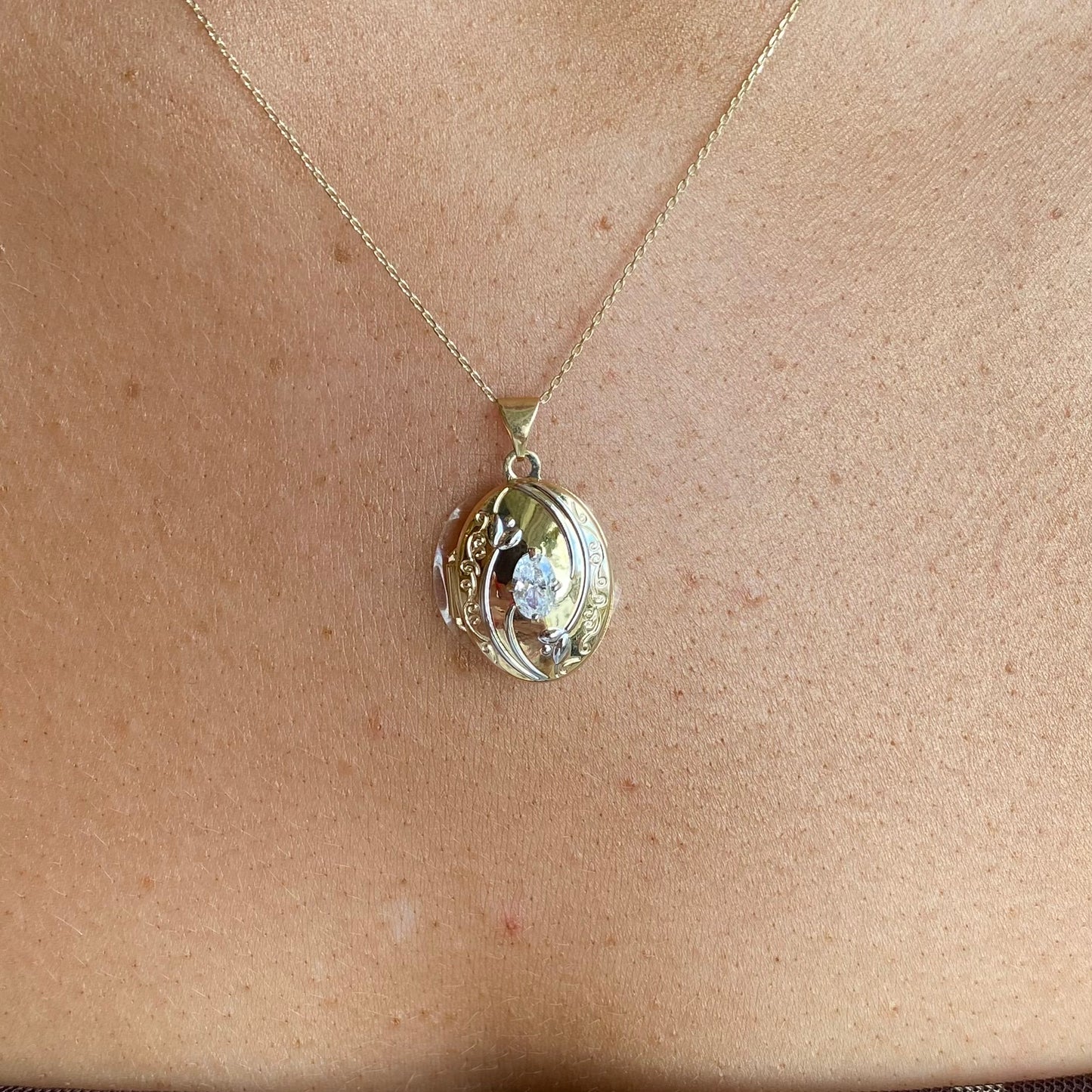9ct Gold Floral CZ Oval Locket Necklace | Two Tone