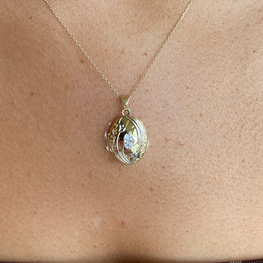 9ct Gold Floral CZ Oval Locket Necklace | Two Tone