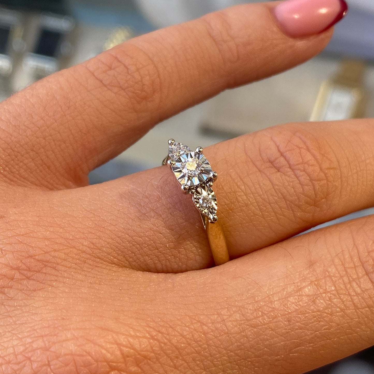 9ct Gold Round & Pear Trilogy Diamond Engagement Ring | 0.10ct - John Ross Jewellers