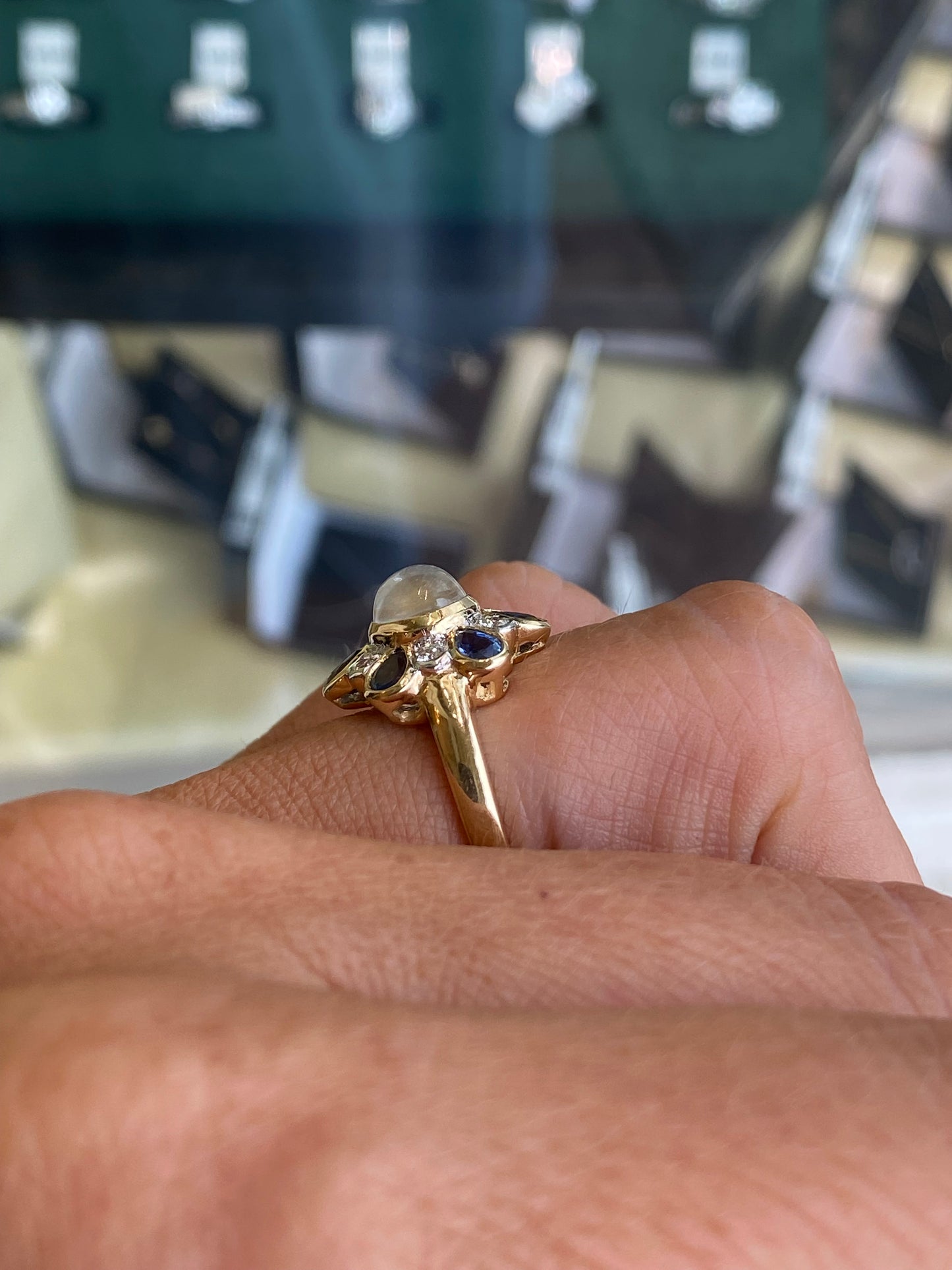 9ct Gold Rainbow Blue Moonstone, Sapphire & Diamond Ring