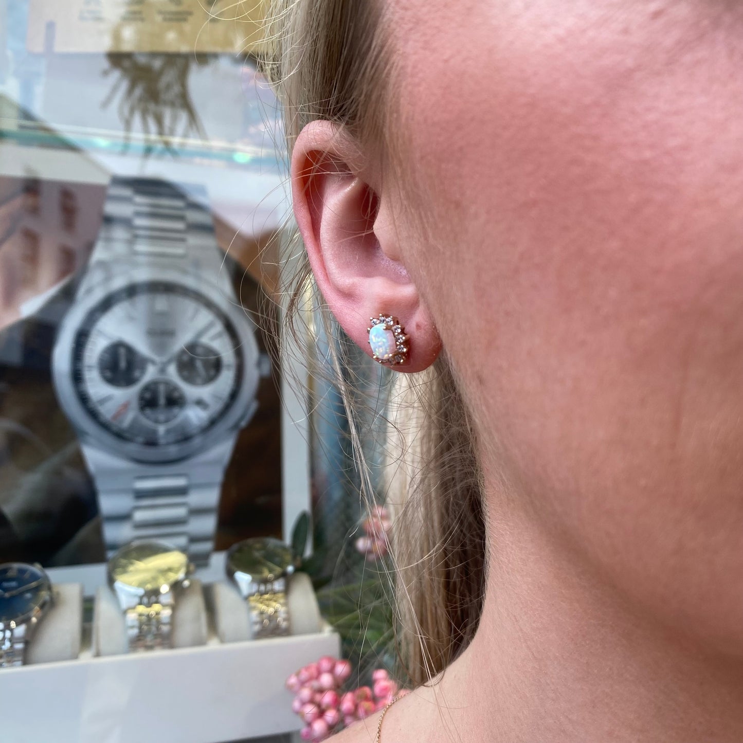 9ct Gold Oval Opalique & CZ Stud Earrings - John Ross Jewellers