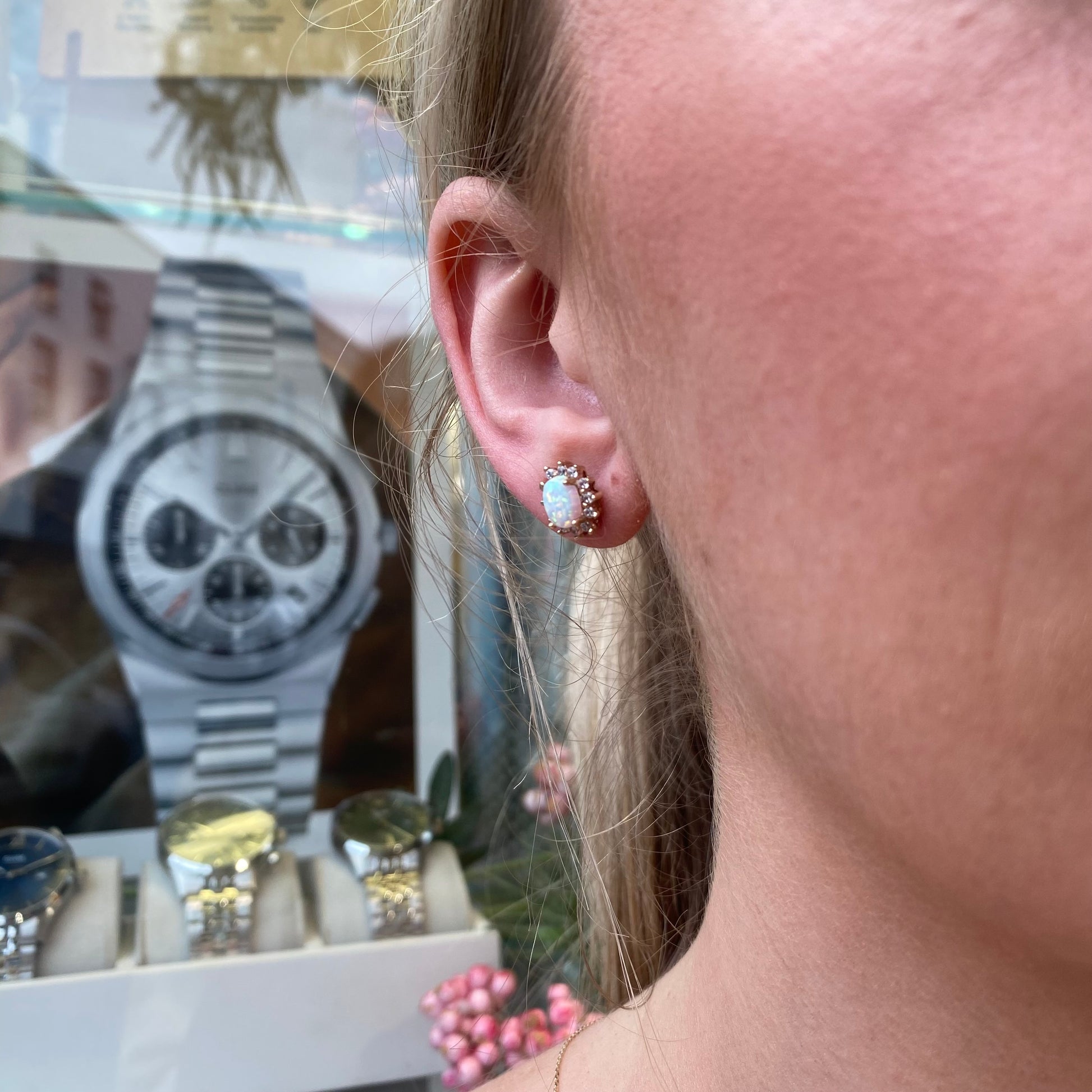 9ct Gold Oval Opalique & CZ Stud Earrings - John Ross Jewellers