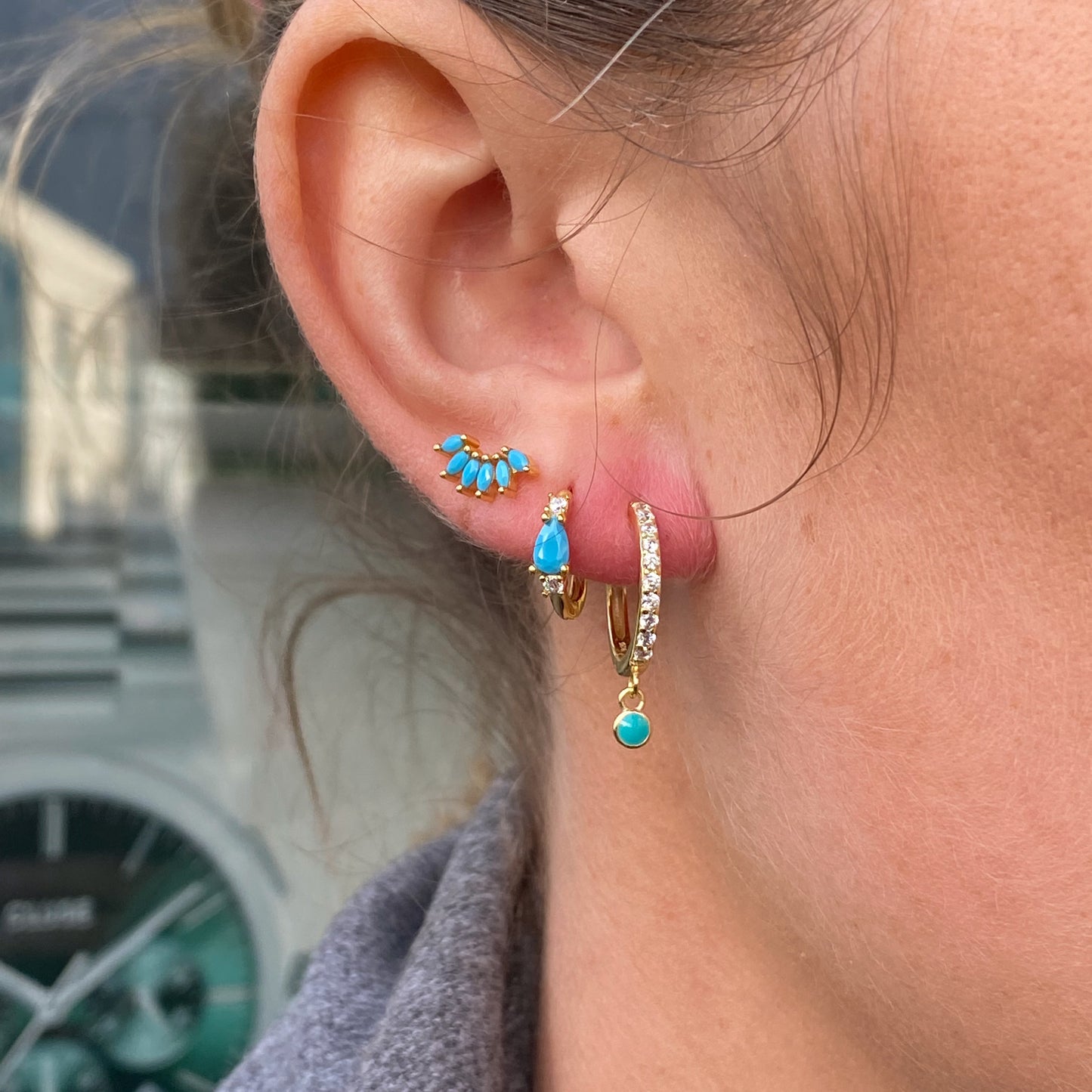 Sunshine Tiny Turquoise Fanned Petal Climber Stud Earrings - John Ross Jewellers