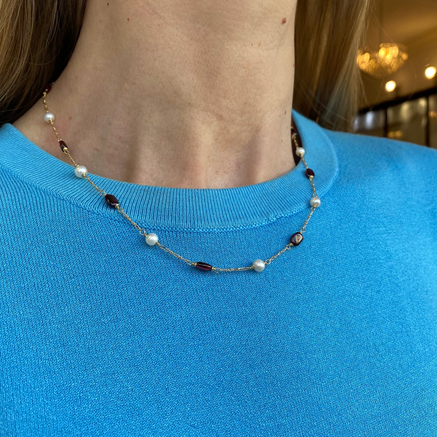 18ct Gold Fantasy Freshwater Pearl & Garnet Necklace - John Ross Jewellers