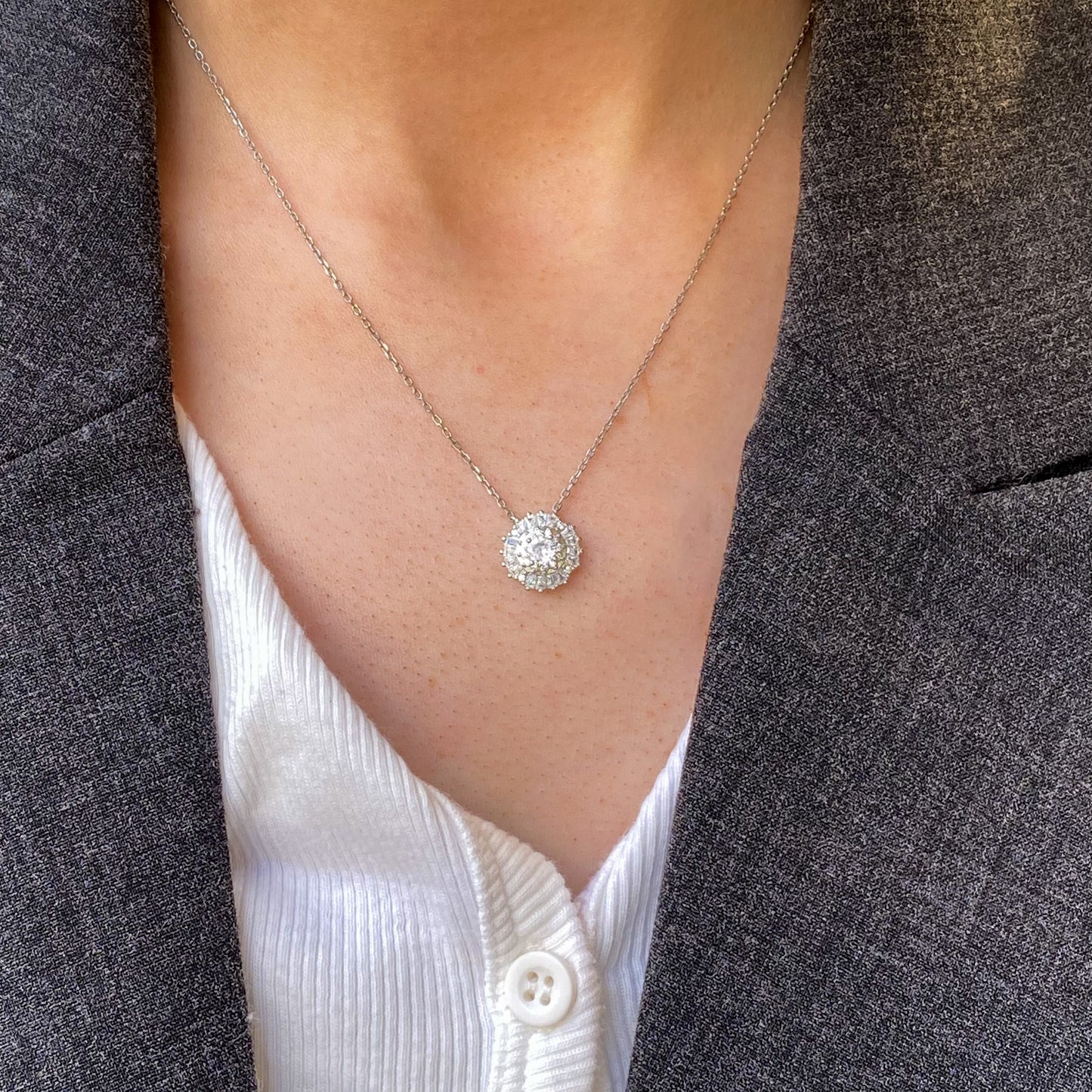 Silver Statement Halo CZ Necklace - John Ross Jewellers