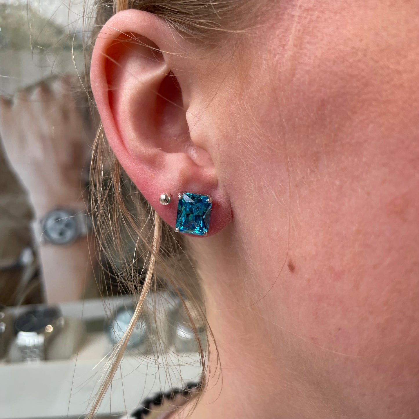 Silver 10x8mm Aqua CZ Stud Earrings - John Ross Jewellers