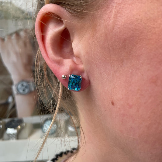 Silver 10x8mm Aqua CZ Stud Earrings - John Ross Jewellers