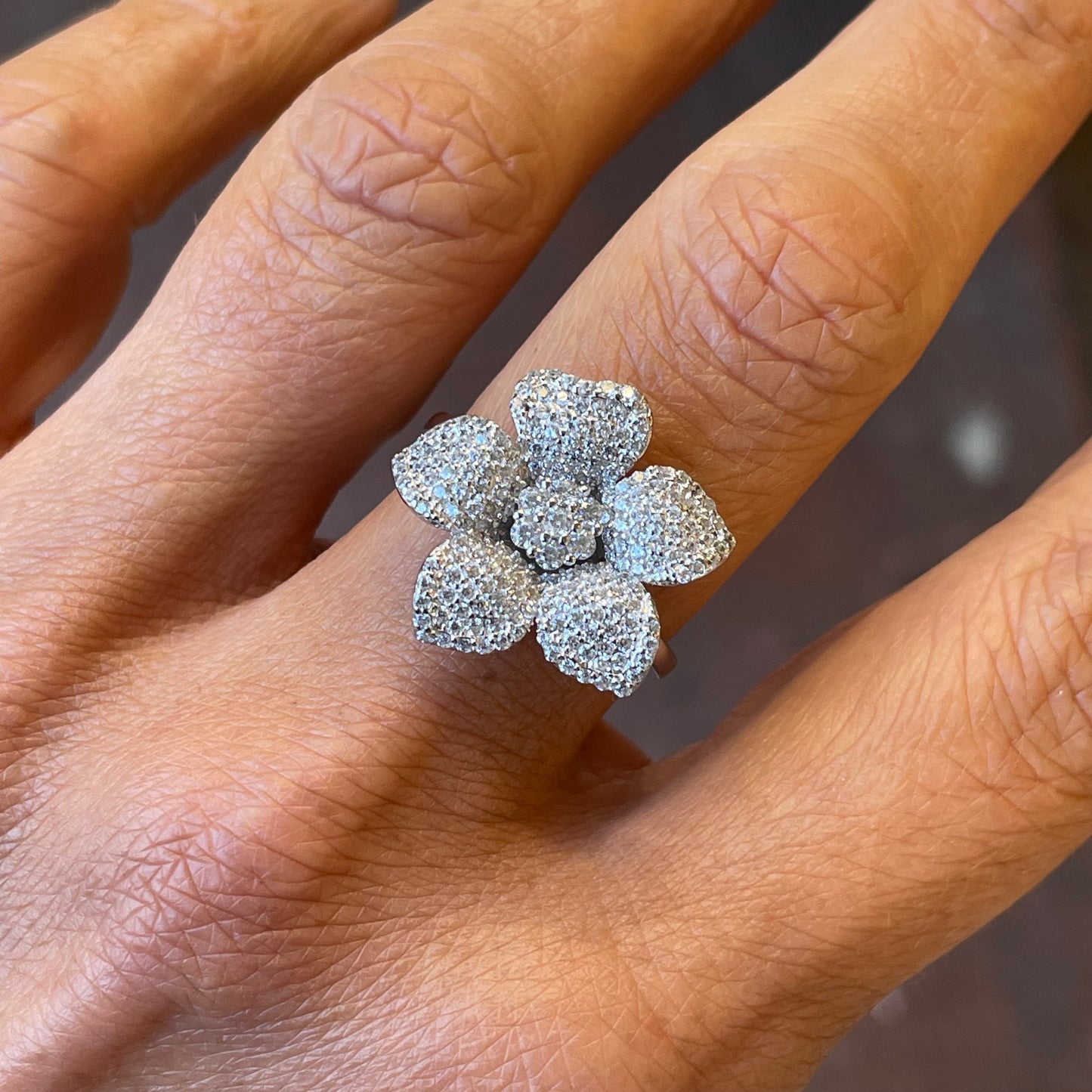 Silver CZ Flower Statement Ring