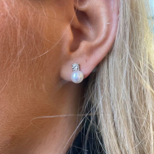 9ct White Gold Freshwater Pearl & CZ Stud Earrings - John Ross Jewellers